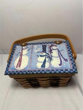 Christmas Snowman Decorative Woven Basket Painted Lid & Handle -Holiday Wicker
